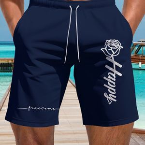 TEMU Herren Marineblaue Schnelltrocknende Badehosen mit - Lässige Sommer Strand- & Poolshorts, Geometrischer ""ERST"" Druck, Elastischer Bund