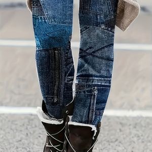 TEMU Plus Size Kunstdenim Patchwork Print Skinny Leggings, Lässige High Waist Leggings für den Alltag, Damen Plus Size Kleidung