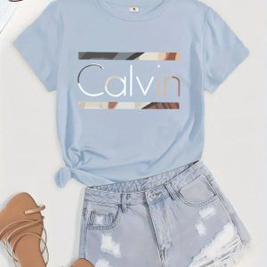 TEMU Damensportliches Freizeit-T-Shirt mit Rundhalsausschnitt und Kurzarm - Künstlerischer """"-Buchstabendruck, Sommerlich Modisches Oberteil, Beige, Maschinenwaschbar