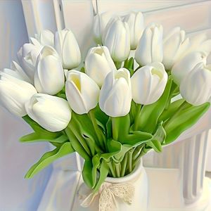 TEMU 10 Stk. Realistische Weiße Tulpen Künstliche Blumen mit Dickem Grünem Laub - Langlebiges Polyurethan für Hochzeit, Verlobung und Heimdekoration - Keine Batterien Nötig, Hochzeitsblumen