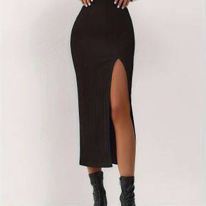 TEMU Schlitz Solid Bodycon Rock, Eleganter High Waist Midi Alltagsrock, Damenbekleidung