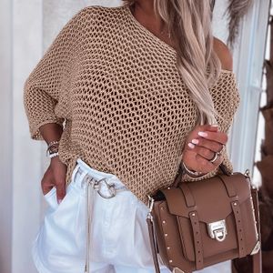 TEMU Damen-Urlaubsthema mit offener Schulter und Crochet-Top mit beige und braunen Streifen - lässiger Sommerstrickpullover für Strand und Pool, lässiger Sommertop|Crochet-Textur-Top|Boot-Kragen-Top