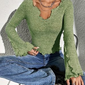 TEMU Elegantes Damen-Langarm-T-Shirt mit Salatschößchen, V-Ausschnitt mit in Weichem Grüner Polyester-Mischung - Maschinenwaschbar, für Frühling/Sommer Mode