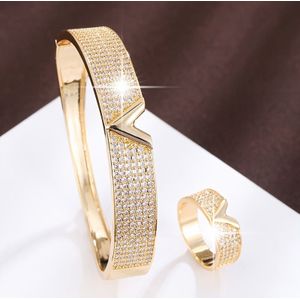 TEMU Elegantes japanisches und koreanisches Kupferarmband- und Ring-Set mit V-Design Buchstaben und künstlichem für Damen, tägliche und Geschenk-Anlässe, geeignet für alle Jahreszeiten