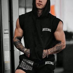 TEMU 2-teiliges Sommer-Sportset für Herren, ärmellose Weste mit Kapuze und Kängurutasche im Box-Buchstaben-Print für Herren und Sportshorts mit , Kombiset