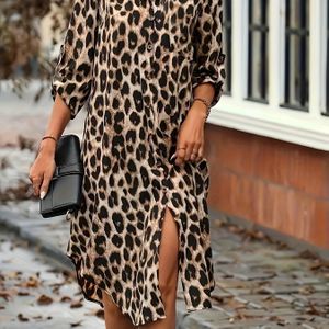 TEMU Stilvolles grünes Leoparden-Print-Kleid mit für Damen - Lässiges Langarm-Shirt-Kleid für den Winter, lässige Kleidung | Leoparden-Print-Kleid | leicht dehnbares Material