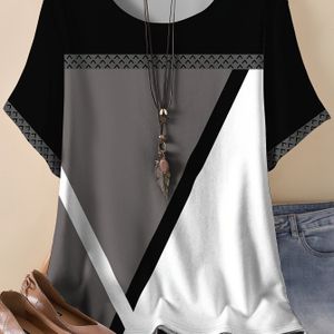 TEMU Damengemütliche Patchwork-Farbblock-Kurzarm-T-Shirt mit Vollprint