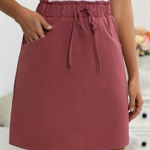 TEMU Lässige hellblaue Rock für Damen mit Kordelzug und - Einfarbig, elastischer Bund, Polyester-Stoff, für Frühling/Sommer, lässige Sommerbekleidung | Bequemer Rock | Glänzende Textur