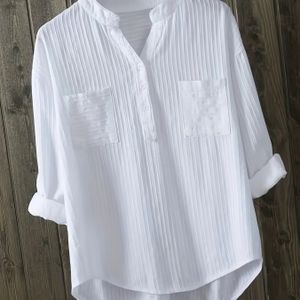 TEMU Damen Freizeit Einfarbig V-Ausschnitt Langarm Locker Fit Polyester Viskose Hemd für Frühling/Sommer