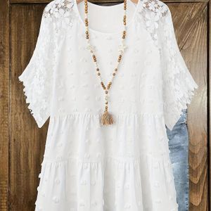 TEMU Plus Size Damenbluse mit Spitzenbesatz und Kurzarm - Weißer Rundhalsausschnitt, Maschinenwaschbar für Alle Jahreszeiten, Casual & Formelle Oberteile, Nicht Durchsichtiger Stoff