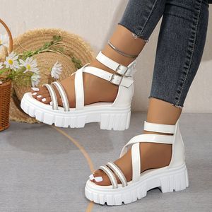 TEMU Damen-Sandalen mit dicker Sohle - offene Zehen, , hohle hohe römische Stil, schwarze synthetische Oberfläche mit weißen Akzenten, bequemes Sommertragen