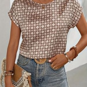 TEMU Stilvolles Geometrisches Print Damenoberteil, Elegantes Casual Urlaubsstil Rundhals Bodycon Shirt für Damen