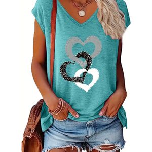 TEMU Damen T-Shirt mit V-Ausschnitt und kurzen Ärmeln, lässiges, locker sitzender Sommer-Oberteil, geometrischer Herz-Muster, Strickstoff, 60% Polyester, 35% Viskose, 5% Spandex, 180g/m² - und bequem