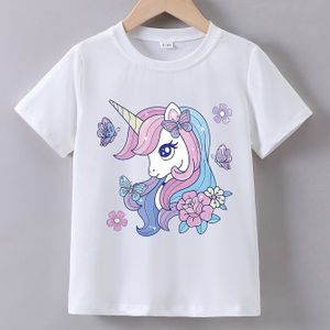 TEMU Sommer-Einhorn-Grafik-T-Shirt für Mädchen - Weiche Polyester- & Spandex-Mischung, Lässiges Kurzarmshirt mit Rundhalsausschnitt - Rosa & Lila Blumenmuster, Einhorn-Stoff für Mädchen