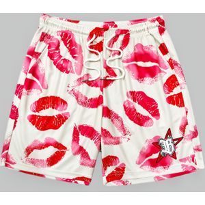 TEMU Stilvolle Herren-Shorts in Weiß und Rosa mit Lippendruck und Kordelzugbund - Leichtes Polyester, Bequem für Freizeit oder Sport