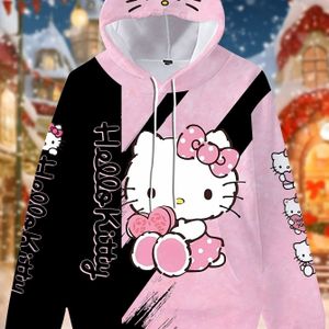 TEMU 1pc Sanrio Hello Kitty Cartoon Hoodie with Cat Ears, Polyester Long Sleeve Pullover Sweatshirt for Men & Women, Cute Hooded Sweatshirts with Pocket, All Seasons Loose Fit - Pink