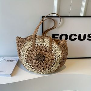 TEMU Boho-Chic Großraum Gestrickte Strohtasche - Buntes Häkel-Design, Doppelgriffe, Reißverschluss | für Strandurlaube, Freizeitaktivitäten & College-Stil, Strandtasche