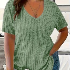 TEMU Damengroßes Grün Gestreiftes V-Ausschnitt T-Shirt - Lässiges Kurzarmshirt, Dehnbares Polyester, Maschinenwaschbar für Frühling & Herbst, Lässige Kleidung|Entspannte Passform Tee|Bequemes Tragen