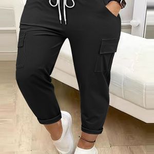 TEMU Plus Size Cargohose für Damen - Einfarbig mit Kordelzug und , Stretchgewebe aus Polyestermischung, bequeme Allwetterhose