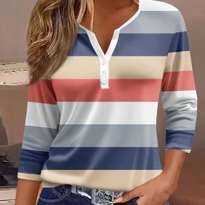 TEMU Freizeitmode Urlaub Damen T-Shirt mit Regulärem Stil, Gestreiftem Druck, Siebenärmeligem V-Ausschnitt und Knopfleiste