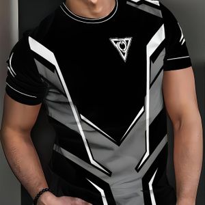 TEMU 1 Herren-Sport- und -T-Shirt, 3D-Digitaldruck, Polyester, Rundhalsausschnitt, Regular Fit, Stretch-Gewebe, sportlicher Stil, Sommer-Oberteil für Fitnessstudio und