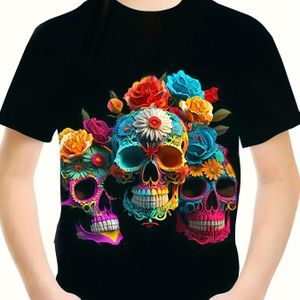 TEMU T-Shirt mit Grafikdruck mit Cartoon-Blumen und Totenköpfen, lässiges und trendiges T-Shirt für Mädchen für Frühling und Sommer, Mädchenkleidung für Outdoor-Aktivitäten