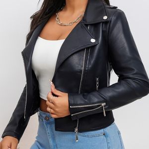 TEMU Chic Kunstleder Motorradjacke für Damen - Beige, Langärmelig, Reißverschluss vorne, , Skinny Fit, Frühling/Herbst Mode, Lässige Kleidung Jacke|Chic Lässige Jacke|Reißverschluss Jacke