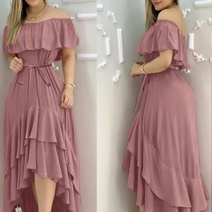 TEMU Elegantes Damen-Off-Shoulder-Rüschen-Maxi-Kleid - Nicht-Stretch-Polyester, Langarm, Gürtel, Sommermode, Alltagsschick, -Maxi-Kleid | Rüschen-Detail-Kleid | Polyester-Stoff