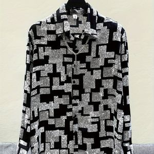 TEMU Herren Stilvolles Geometrisches Hemd, Lässiges Atmungsaktives Revers-Knopfleiste Langarmhemd Top Für Stadtspaziergang Straßenhängen Outdoor-Aktivitäten