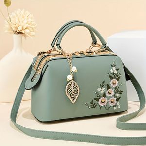 TEMU Elegante florale bestickte Handtasche für Damen, modische Schulter-Umhängetasche mit Reißverschluss, Polyester-Futter, Kantenmalerei