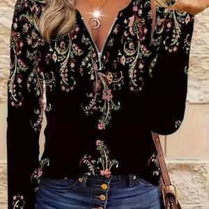 TEMU Damen-Plus-Größe mit Blumenmuster, langärmeliges Top mit Reißverschluss-Detail - Eleganter Rundhalsausschnitt, mittlerer Stretch-Polyester, für Frühling/Herbst, stilvolle Strickstoff-Bluse
