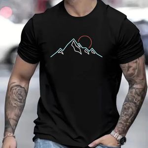 TEMU Stilvoller Berg-Grafikdruck, kreatives Herrenoberteil, lässiges kurzärmliges T-Shirt mit Rundhalsausschnitt für den Sommer im Freien