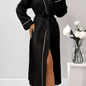TEMU Damensatin-Nachthemd ? Weicher, atmungsaktiver Langarm mit V-Ausschnitt und Gürtelbindung, elegante Wohnkleidung für Herbst/Winter | Glänzende Satinfinish | Elasthan-