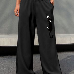 TEMU Schwarze Jogginghose mit Katzenmuster, hoher Taille, lockerer Passform, mit Kordelzug, bequemer Polyester-Stoff für alle Jahreszeiten, lässige Hose, spielhafte Musterhose, Polyester-Jogginghose