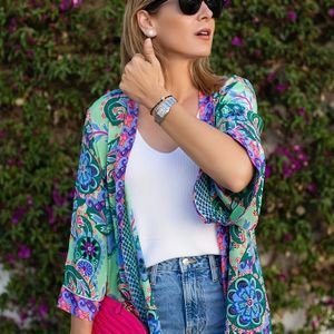 TEMU Damen Plus Size Blumenmuster Cardigan - Lebendlicher Blau & Grün Blumenmuster, Kurzarm, Leicht, für Frühling/Sommer, Urlaub Kleidung, Urlaub Attire|Blumenmuster Oberteil|Leichtgewichts Stoff
