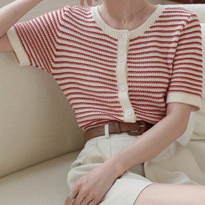 TEMU Franceschic Rot Gestreiftes Strick-T-Shirt mit Kurzen Ärmeln Damen Herbst Vintage Minikleid Offene Vorderseite Rundhalsausschnitt