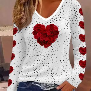 TEMU Elegantes Damen-Valentinstag-Herzmuster V-Ausschnitt Langarm-T-Shirt - Lässig Chic mit 3D-Druck, Dehnbarer Polyester-Mischung, Maschinenwaschbar - Weiß mit Roten Rosen und Schwarzen Punkten