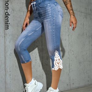 TEMU Capri-Leggings mit hoher Taille und Kunst-Denim-Spitze, lässige, dünne, dehnbare Leggings für , Damenbekleidung