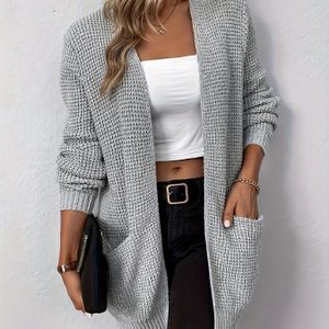 TEMU Einfarbige Strickjacke mit offener Vorderseite, lässige mittellange Strickjacke mit langen Ärmeln und Tasche, Damenbekleidung