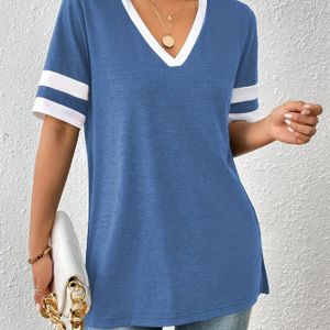 TEMU Damen T-Shirt mit V-Ausschnitt, einfarbig, lässiger Farbblock, Polyester 95% Elastan 5%, Strickstoff, Länge, leicht 175g/m², Frühling/Sommer/Herbst Mode-Oberteil