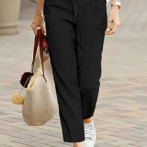 TEMU Damen Freizeit Einfarbig Elastische Taille Kordelzug Polyester Hose Gerade Bein Gewebter Stil Ganzjahreshose