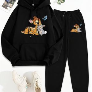 TEMU Damen Casual Zweiteiler - Weißer Hoodie & Hose mit süßem Cartoon-Print, , Herbst/Winter Kleidung, Casual Wear|Spielhaftes Design|Bequeme Passform