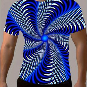 TEMU Herren Modisches 3D-Druck Kurzarm-T-Shirt - Lebendiges Blau & Weißes Wirbelmuster, Bequemer Polyester Rundhalsausschnitt, Ideal für Sommerliche Outdoor-Aktivitäten & Freizeitkleidung
