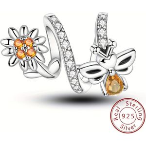 TEMU 925 Sterling Silber Sonnenblumen-Bienen-Anhänger, klassische florale und Insektenperlen für DIY-Armbänder, Schmuckzubehör, für Valentinstag, Jubiläumsgeschenk für sie