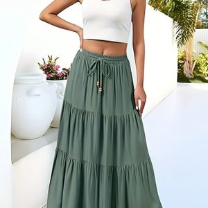 TEMU [Sommer-Essential] Damen A-Line-Drawstring-Maxi-Hose - Stufenloser Rüschen-Design, hohe Taille mit , leichter Polyester, grün, für Strand & Sommer-Casual-Kleidung, Strand-Hose