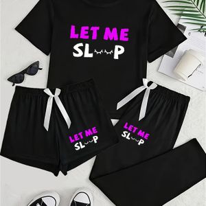 TEMU 3-teiliges Damen-Pyjama-Set mit Buchstabendruck, Kurzarm-Rundhalsoberteil und Shorts & Hose, Bequemes Lockeres Loungewear-Outfit