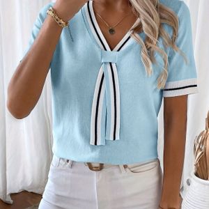 TEMU Damen Strickoberteil mit V-Ausschnitt und kurzen Ärmeln mit kontrastierenden Farben und Kanten.