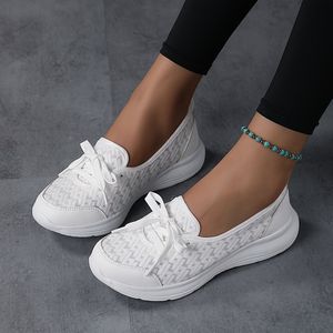 TEMU Atmungsaktive Mesh Slip-On Sneaker für Damen, Weiße Low-Top Schnürschuhe mit Runder Zehenpartie und Sohle für Ganztägigen