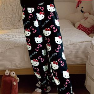 TEMU Sanrio für Sanrio Charakter Damen Cozy Fleece Schlafhose - Rosa mit weißem Cartoon-Druck, Weich und Warme mit Schleife-Details, für Herbst/Winter-Heimtragen, Süße Pyjama-Hose
