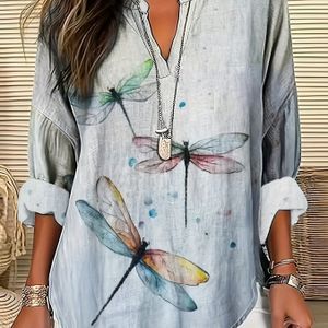 TEMU 1 Stück Damen Plus Size V-Ausschnitt Langarm T-Shirt, Casual Polyester Top mit Libellen-Print, Frühling/Herbst Fashion Loose Fit Tee
